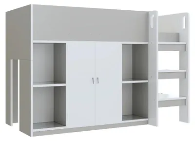 Image de Lit superposé pour enfants, 90 x 200 cm - Lit superposé - Rangement - Armoire - Étagères - Escalier - Bois massif - Gris