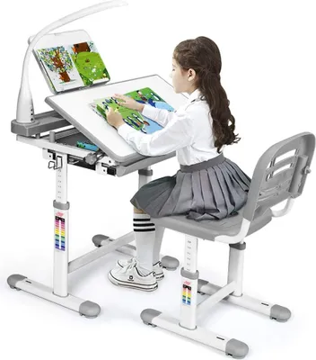 Produktbild von GOPLUS Kinderschreibtisch mit stuhl Höhenverstellbar, Kindertisch Set mit Lampe & Bücherregale, tisch Neigungsverstellbar 0-40°, Kindermöbel, Grau