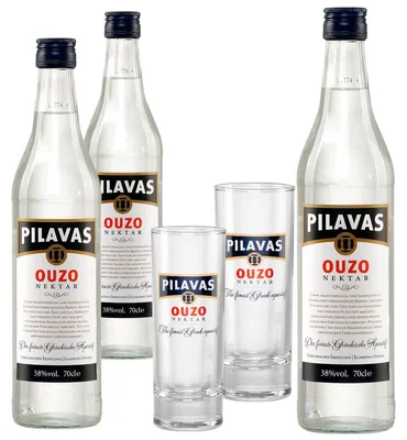 Produktbild von Ouzo Pilavas Nektar | 3x 0,7l 38% Vol. | +2 Gläser 18cl | Aus Griechenland