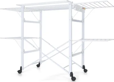 A white drying rack with multiple shelves and wheels, shown against a white background.