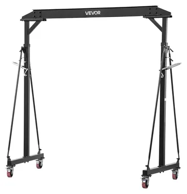 Image de VEVOR, grue portique mobile avec une capacité de charge de 997,9 kg, grue de levage en acier réglable en hauteur de 243 à 363 cm, grue d'atelier robuste. Inclut des roulettes pivotantes à 360° avec freins. Grue de levage pour entrepôts, ateliers, chantiers, usines
