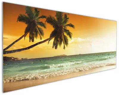 Produktbild von Wallario Küchenrückwand aus Glas, Größe: 125 x 50 cm, Motiv: Palmen am Sandstrand bei untergehender Sonne | Spritzschutz | abwischbar | pflegeleicht | in