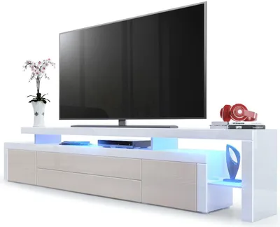Produktbild von Vladon TV Board Lowboard Leon V3,  Germany, Korpus und Überbau in Weiß Hochglanz / Front in Sandgrau Hochglanz mit Rahmen in Weiß Hochglanz inkl. LED Beleuchtung (227 x 52 x 35 cm)