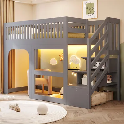 Produktbild von Flieks Etagenbett 90x200cm mit Led, Kinderbett Hausbett mit Tür und Fenster, Hochbett mit Treppe und Rausfallschutz, Stockbett mit Stauraum, Grau