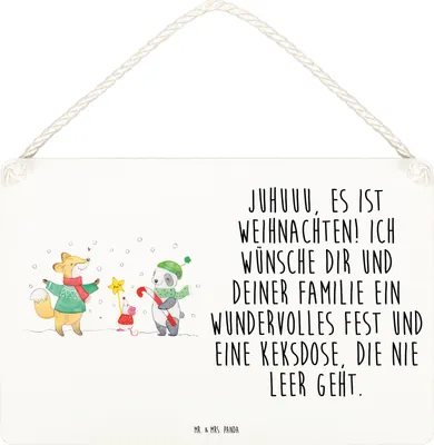 Produktbild von Mr. & Mrs. Panda Schild Winter Weihnachtsfreude DIN A5 - Weiß - Geschenk, Weihnachten, sprüche, Tannenbaum, Türschild, Fuchs, Holzschild, holzbild, Weihnachtsmann