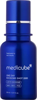A blue bottle of Medicube One Day Exosome Shot 2000 is shown against a white background.