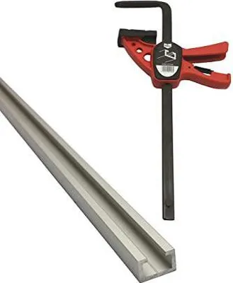 A clamp and a metal track are shown against a white background.