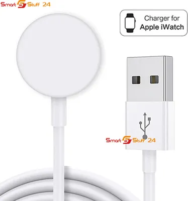 A white Apple Watch charger with a USB connector on a white background.