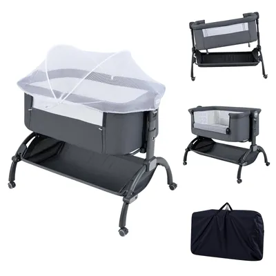 Image de COSTWAY Lit d'appoint 3 en 1, Lit de voyage pour bébé réglable en hauteur sur 7 positions avec matelas, sac de transport, panier de rangement pour bébé jusqu'à 9 mois, Gris