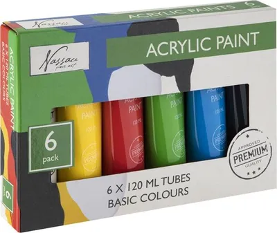 Produktbild von Nassau Acrylfarben Set Malen 6x120 ml Primärfarben kinderfreundlich