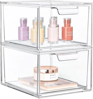 Produktbild von Organizer 2er Set Stapelbare Acryl Make-up Organizer mit Ausziehgriffen,Acryl Aufbewahrungsschubladen, Kosmetik Organizer, Stapelbare Schubladenbox