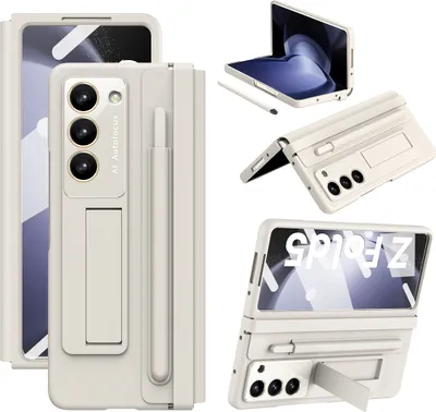 Produktbild von Schutzhülle für Samsung Galaxy Z Fold 5 Ledertaschen mit Lederscharnier, Displayschutz, Ständer und Stifthalter Weiß