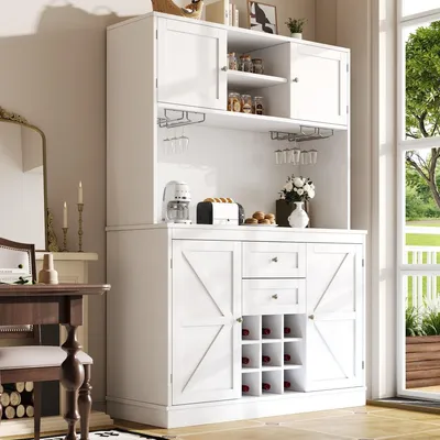 Image de Armoire de cuisine haute avec casier à bouteilles et porte-verres, buffet blanc, 4 portes et 2 tiroirs, buffet de cuisine style cottage, 120 x 40 x 188 cm, blanc