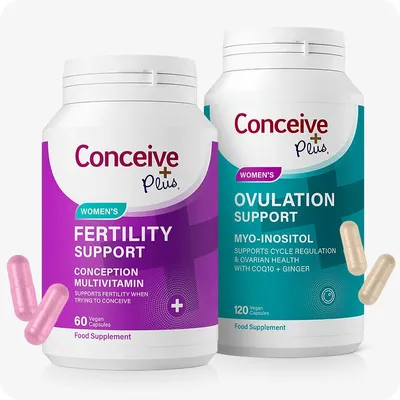 Produktbild von Conceive Plus Fertility & Ovulation Pack für Frauen, 120 + 60 Kapseln, mit Myo-Inositol, Ingwer, Vitaminen und Mineralstoffen