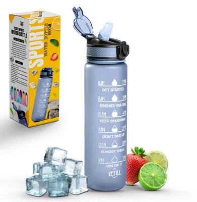 Zdjęcie produktu dla Butelka sportowa z słomką - 940 ml - Znaczniki czasu - Szary