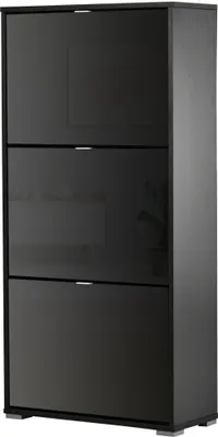 Image de HOMCOM Meuble à Chaussures Armoire à chaussures 3 Portes abattantes 3 Compartiments en bois dim. 60L x 26I x 124H cm Noir laqué