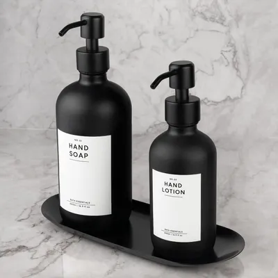 Produktbild von Set von 2 Seifenspendern, Matt Schwarz, 500/250 ml, Geschirrspülmittel Spender, Edelstahl Pumpe