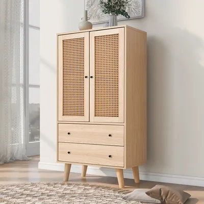 Produktbild von Flieks Kommode Sideboard mit 2 Schubladen und 2 Türen, Rattan Wohnzimmerschränke Stehschrank TV Tisch 60x40x120cm