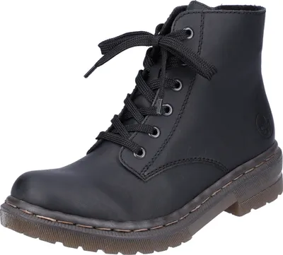A black lace-up boot on a white background.