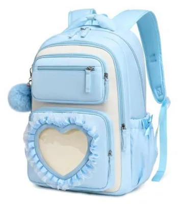 Immagine prodotto di Zaino per scuola, modello zaino a forma di cuore, per bambine, colore blu e bianco, dimensioni 44x30x17 cm, idrorepellente