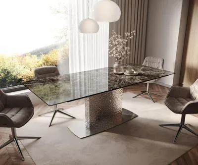 Produktbild von DELIFE Esstisch Edge 180-220x100 Keramik Emperador Extra Lucidato Dunkelbraun Wave Edelstahl ausziehbar