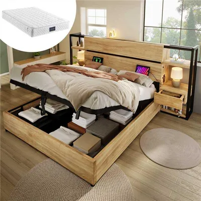 Produktbild von MODFU Holzbett Bettgestell 160×200 mit Stauraum-Kopfteil,Doppelbett mit Schubladen,Jugendbett mit USB und Type-C Ladeanschluss,Eichenfarbe (Mit Matratze)