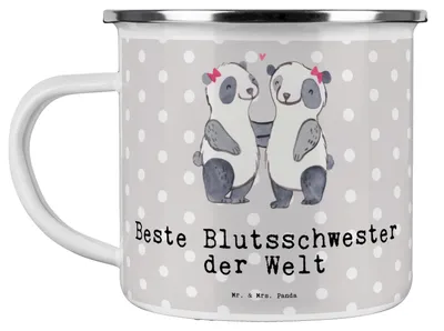 Produktbild von Mr. & Mrs. Panda Emaille Tasse Panda Beste Blutsschwester der Welt - Grau Pastell - Geschenk, Liebe, Blutsgeschwister, Schwester, Pott, Teetasse, Kleinigkeit, Familie