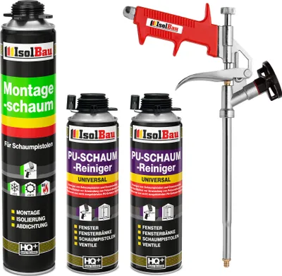 Produktbild von Isolbau Bauschaum-Set - Inkl. 1x 1K Montageschaum Pistolenschaum (750 ml), 1x Schaum-Pistole & 2x PolyurethanSchaum-Reiniger (je 500 ml)