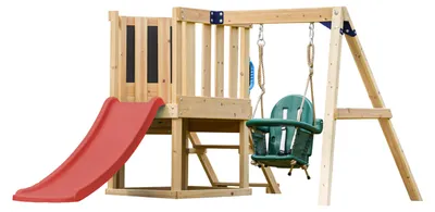 Produktbild von AXI Timo Klettergerüst aus Holz in Braun mit Rutsche in Rot | Spielturm / Spielplatz für Kinder mit Babyschaukel, Kletterwand und Tafel | Spielgerät für den Garten