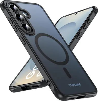 A black phone case with a magnetic ring is shown, with a phone partially visible underneath.