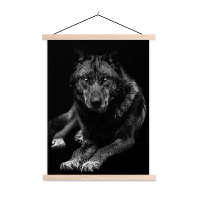 Produktbild von MuchoWow® Textilposter Tiere - Wolf - Schwarz - Weiß - Porträt 40x53 cm mit holzfarbenen Rahmen - Schlafzimmer