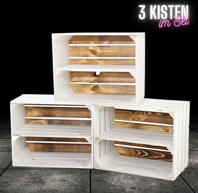 Produktbild von 3x WEIßE OBSTKISTE mit geflammten Holzboden / NEU / 50x40x30 cm / Holzkiste mit Regalbrett