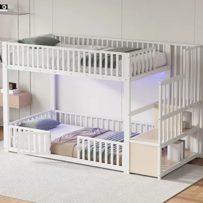 Image de Lit superposé 90 x 200 cm en métal et MDF avec échelle intégrant un espace de rangement et éclairage LED blanc, lit d'enfant robuste avec barrière de sécurité et porte, capacité de charge élevée jusqu'à 250 kg, matelas non fourni