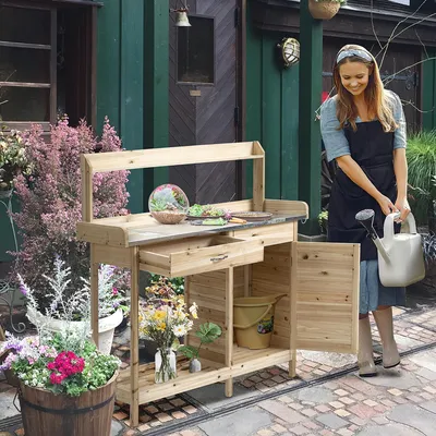 Produktbild von Sweiko Pflanztisch mit verzinkter Arbeitsplatte Gärtnertisch mit Schublade Schrank Garten Arbeitstisch Massivholz Natur 112 x 48 x 125 cm