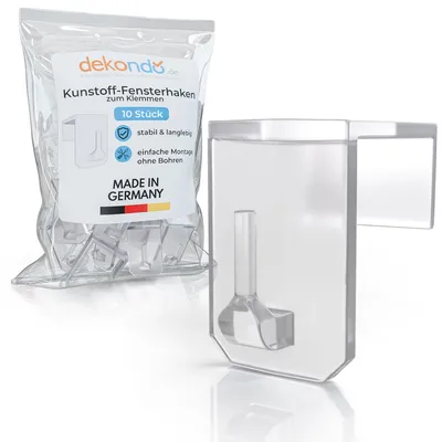 Produktbild von 10x Fensterhaken Dekohaken Klemmträger, transparent, zur Aufhängung von Fensterdekoration oder Gardinenstangen (Klemmbereich 15-20 mm)