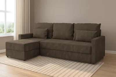 Produktbild von Ecksofa **KUBO L** mit Schlaffunktion **120 × 200 cm**, Bettkasten, universell links/rechts montierbar, **Kronos Paros 04 Braun**, **226 cm**.