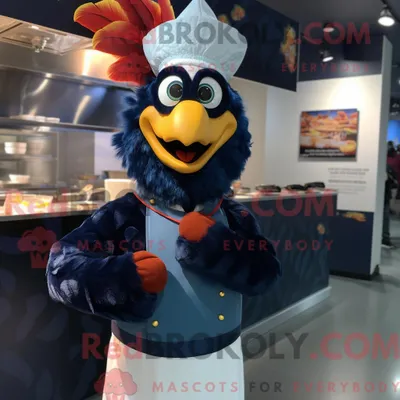 Produktbild von Maskottchen REDBROKOLY eines dunkelblauen Tandoori-Huhns mit Langarm-T-Shirt und Stirnbändern