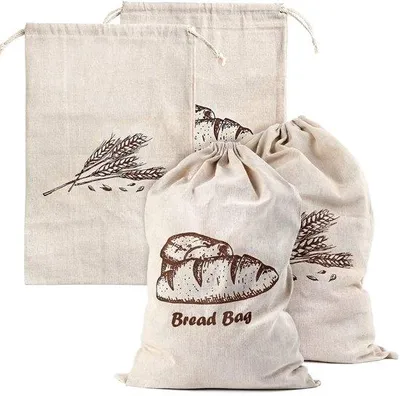 Produktbild von Unyqoos® Wiederverwendbare Leinen-Brot- & Gemüsebeutel mit Kordel, 4er-Set, 44 x 29 cm, 80% Leinen/20% Baumwolle, ungebleicht – zur Aufbewahrung von Brot, Obst und Gemüse