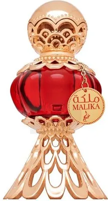 A perfume bottle with intricate gold detailing and a red glass body, presented on a white background.