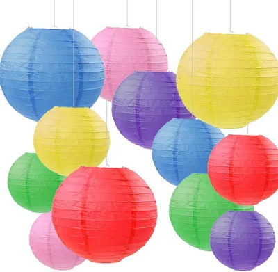 Obrázok produktu pre Farebné papierové lampióny (balenie po 12 kusov), guľaté lampióny vhodné na karneval, oslavy a narodeniny – rozmery 15, 20, 25, 30 cm