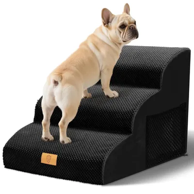 Productafbeelding van Hondentrap voor Kleine Honden - 3 Treden - Antislip - Wasbare Bekleding - Zwart - 60x40x40 cm