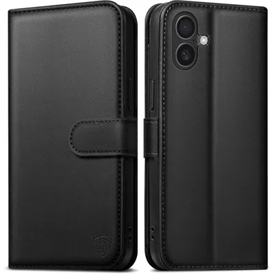 Obrázok produktu pre Puzdro na iPhone 16 s 6 priehradkami na karty, ochranou proti RFID, funkciou stojanu, vrátane ochranného skla, čierna farba