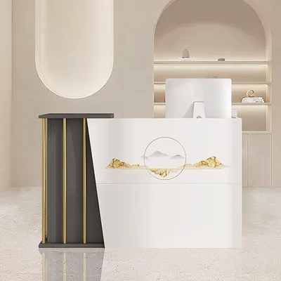 Image de Comptoir de réception en bois, petit, moderne. Comptoir de comptoir de magasin avec un grand espace de rangement, idéal pour les halls d'entreprises, les réceptions d'hôtels et les magasins de vêtements. Dimensions : 100 cm