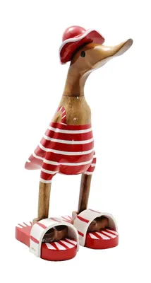 Produktbild von Deko Ente Holz Laufente Badeanzug Badelatschen Hut Gans Vogel Figur Skulptur