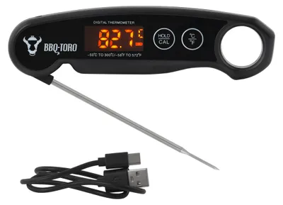 A digital food thermometer with a probe and a USB charging cable.