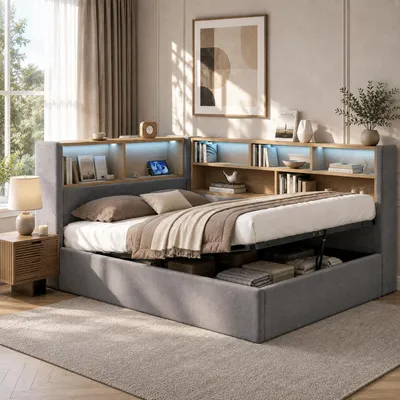 Produktbild von Flieks Hydraulisches Schlafsofa 90x200cm mit Stauraum, Polsterbett mit USB und Type-c, Tagesbett Einzelbett Jugendbett mit Led, Samt, Grau