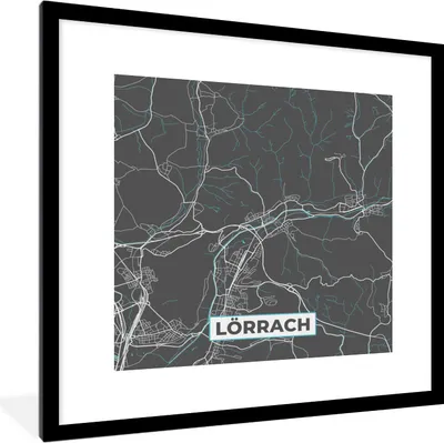 Produktbild von MuchoWow® Gerahmtes Poster Lörrach - Stadtplan - Blau - Karte - Deutschland 40x40 cm - Poster mit Schwarzem Bilderrahmen Wandposter Rahmen Foto Bilder - Poster - Plakat im Rahmen