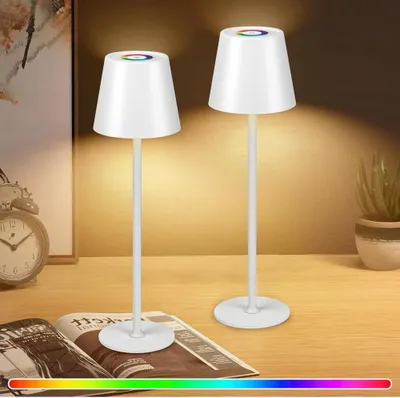 Produktbild von WUYOR LED Dimmbare Tischlampe Kabellose, Wiederaufladbar 3000K Farbtemperaturen und 7 RGB-Farben Tischleuchte mit USB-C, IP54 Wasserdichte weiß 2 Packung