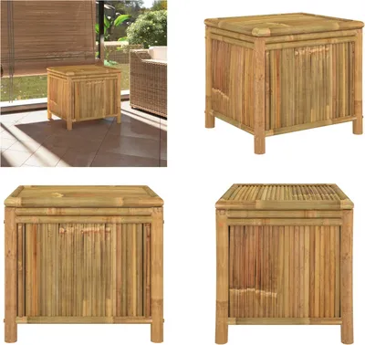 A collage of four images showing a bamboo storage chest from different angles, including one in an outdoor setting.