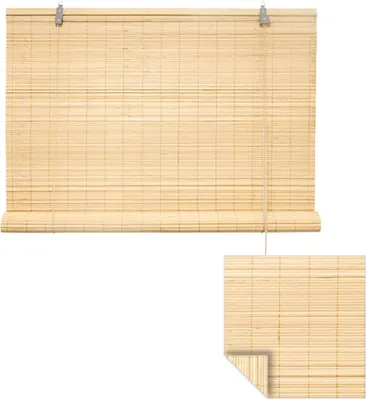 A bamboo roller blind is shown against a white background, with a close-up inset.